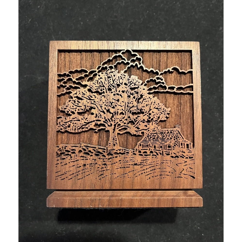 Vintage Lasercraft 1977 Laser Engraved Wooden Walnut Desktop Pencil Pen Holder